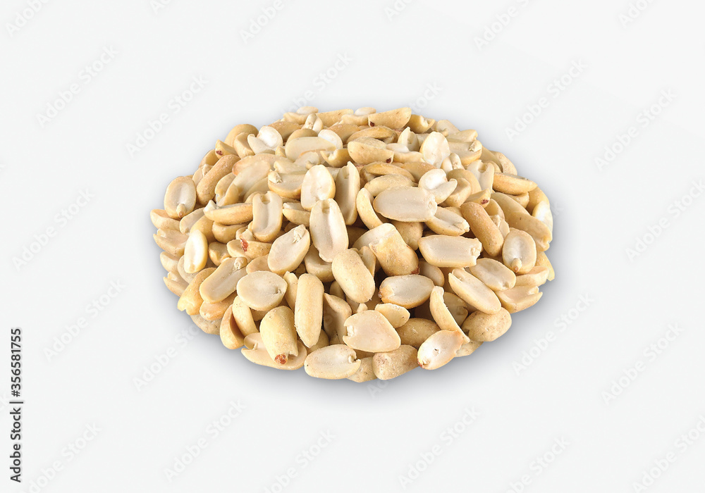 Roasted salted peanuts isolated on a white background, Arranged peanuts peeled, half peanut delicious crunchy snack closeup view, Roasted (Shing, sing) salted masala shing