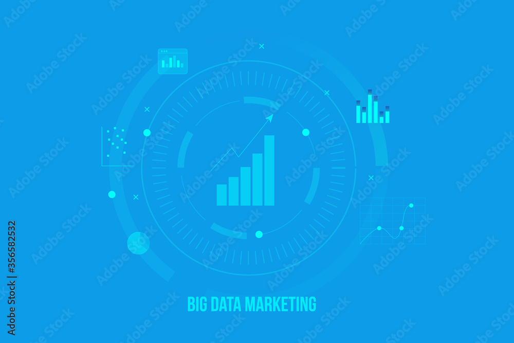 Big data analytics, business intelligence, marketing cloud data transfer concept with blue back ground. Internet technology and communication web banner.