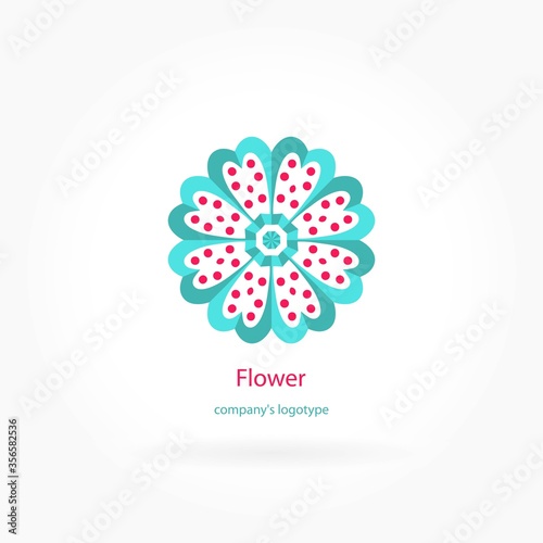 Bright, juicy beautiful circular logo for boutique, flower shop, business, interior. Company mark, emblem, element. Simple geometric mandala logotype. Kaleidoscope big bud. Surround abstract blossom.