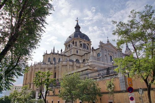 Exterior of Almudena Cathedral or Cathedral of Santa Maria la Real de la Almudena in Madrid, Spain.