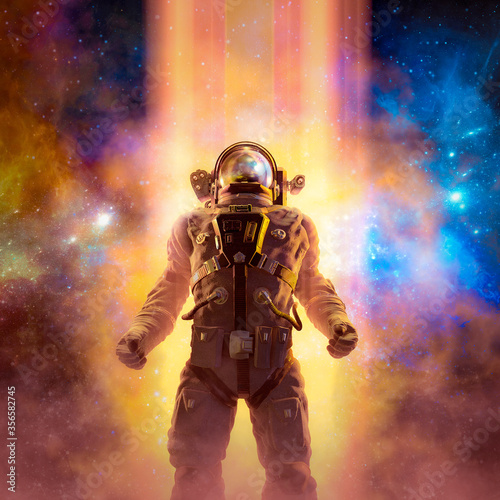 Journey to the stars / 3D illustration of science fiction scene with heroic astronaut silhouetted against light beams in outer space