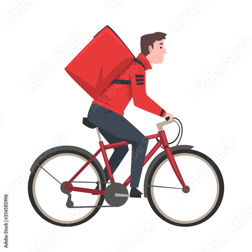 Male Courier with Bicycle Carrying Red Package on his Back, Food Delivery Cyclist, Fast Shipping Cartoon Vector Illustration