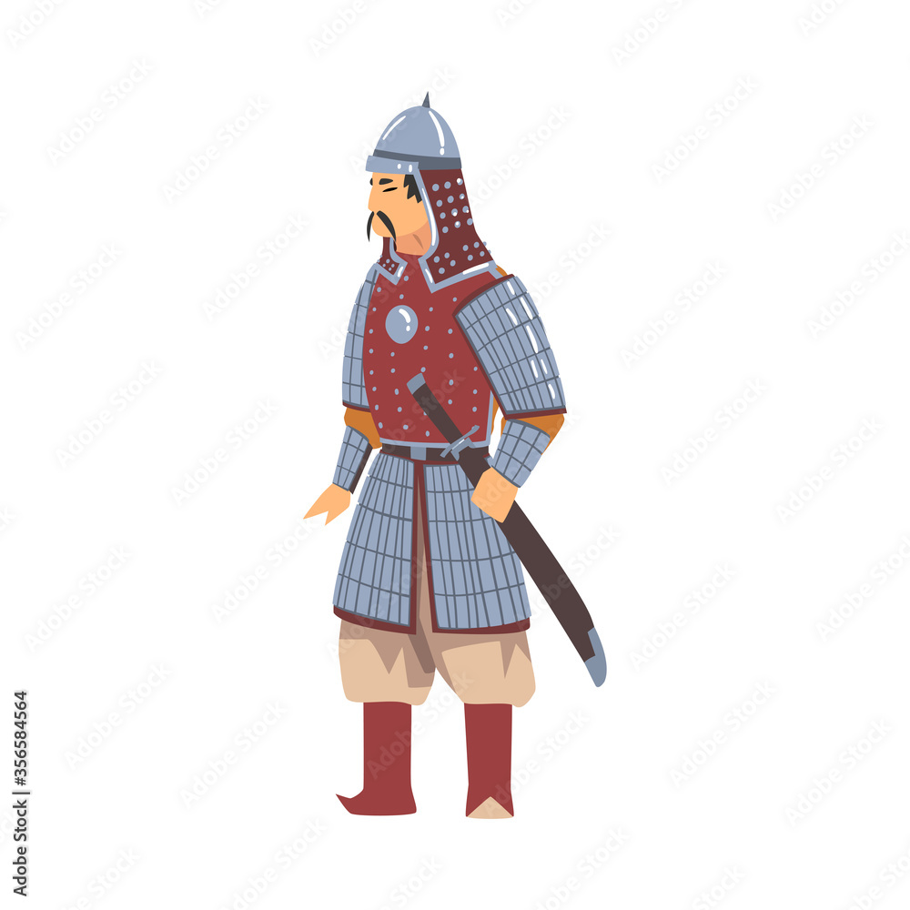 Mongol Nomad Warrior, Central Asian Character in Full Armour with Sword Vector Illustration