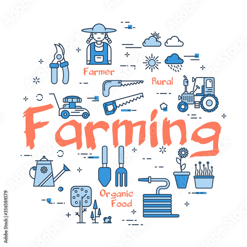 Vector blue banner of linear Farming Concept