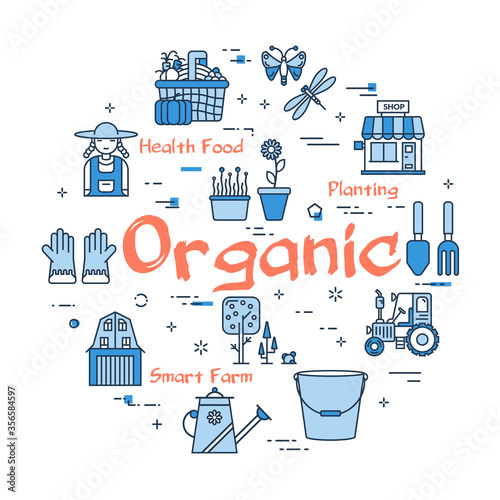 Vector blue banner of linear Organic farming Concept