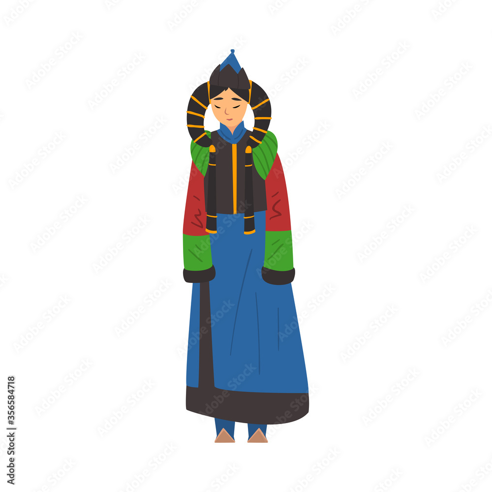 Beautiful Nomad Mongol Woman, Central Asian Character in Traditional Clothing and Headgear Vector Illustration