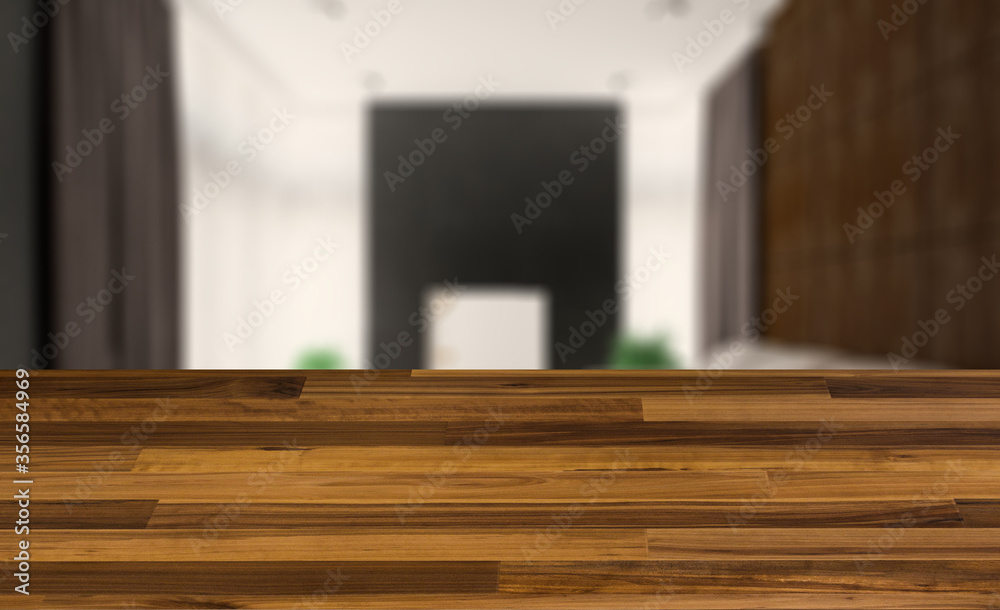 blurred interior on a wooden table background.living room. white leather sofa. big windows. walls made of wood panels.. 3D rendering blurred interior on a wooden table background.living room. white leather sofa. big windows. walls made of wood panels.. 3D rendering