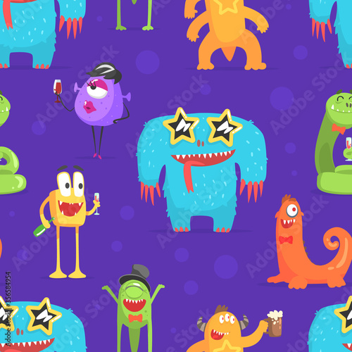 Cute Funny Monsters Characters Seamless Pattern  Cheerful Friendly Fantastic Creatures  Design Element Can Be Used for Wallpaper  Packaging  Background Vector Illustration