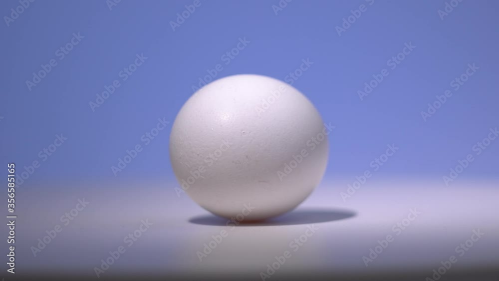 A white chicken egg rotates on a white surface with a blue background. A white chicken egg rotates on a white surface with a blue background.