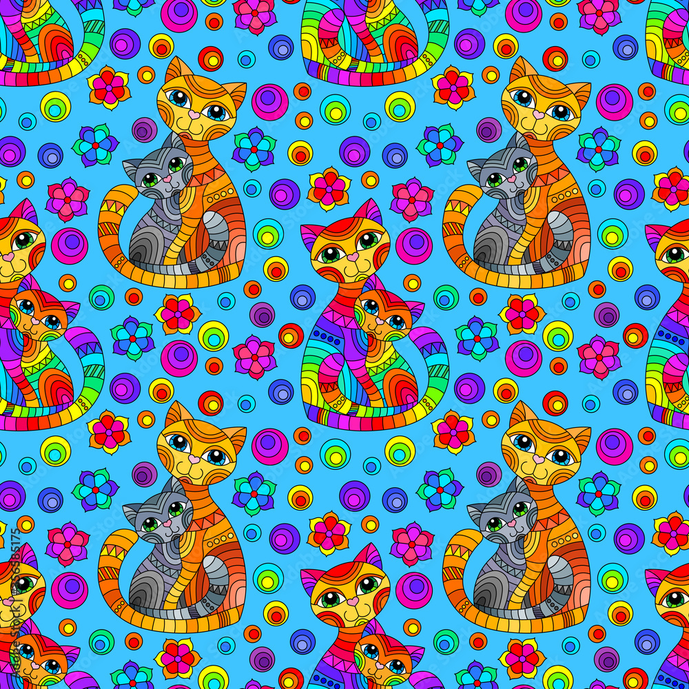 Obraz premium Seamless pattern with bright cats and flowers in stained glass style on a blue background