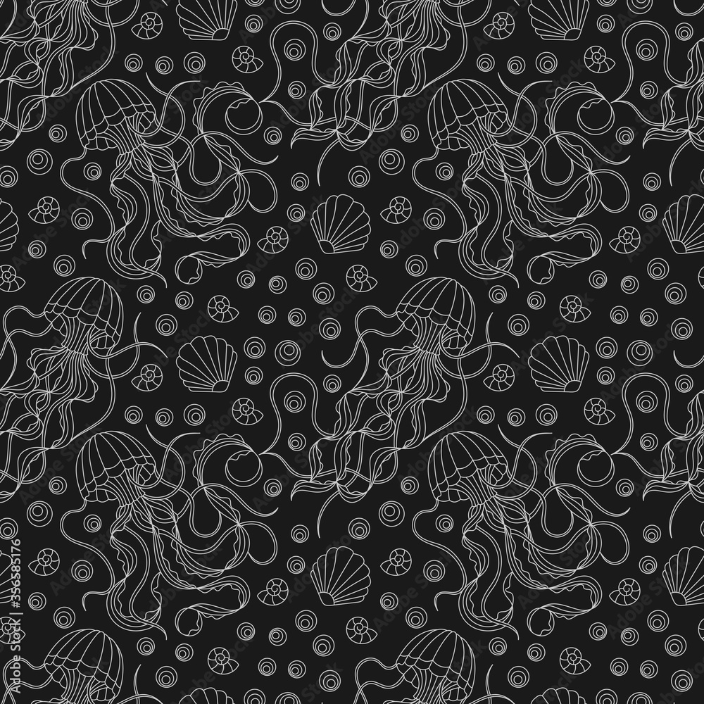 Seamless pattern on a marine theme with  jellyfishes and shells, light contour  images on a dark  background