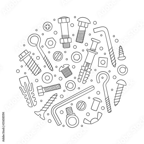 Set of fasteners in circle. Bolts, screws, nuts, dowels and rivets in doodle style. Hand drawn building material. Vector illustration on white background