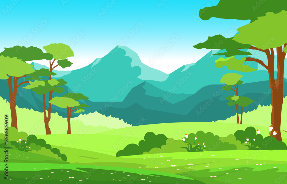 Obraz premium Summer Mountain Green Nature Field Land Sky Landscape Illustration