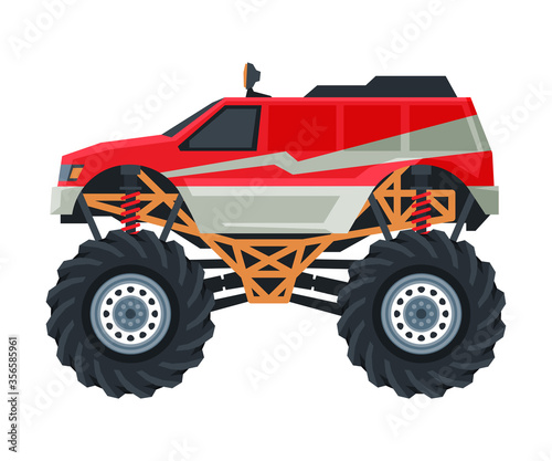 Monster Truck Vehicle, Colorful Car with Big Wheels, Heavy Professional Transport Vector Illustration