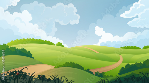 Summer rural landscape with road passing through the green fields.