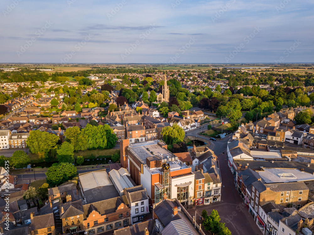 Aerial view of Spalding Town Centre south of the river including South  Holland Centre, Church of St Mary and St Nicholas & River Welland Stock  Photo | Adobe Stock