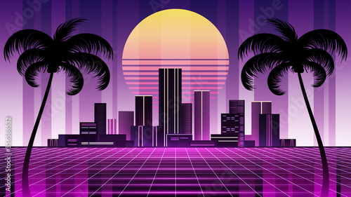 Retro city, neon retrowave vector background.