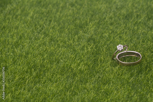 A pair of wedding/engagement ring isolated over green grass