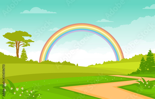 Summer Rainbow Green Nature Field Land Sky Landscape Illustration