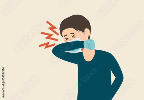 Man cough into his elbow for stop virus spreader, Flat vector design, Covid-19 virus concept