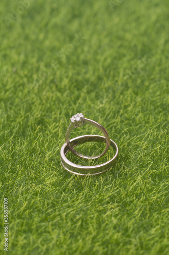 A pair of wedding/engagement ring isolated over green grass