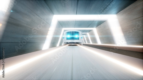 futuristic modern train, monorail fast driving in sci fi tunnel, coridor. Concept of future. 3d rendering.