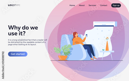 Woman relaxing in arm chair at home, turning on air conditioner system, holding remote control device. Flat vector illustration for summer, cleaning, comfort at home, appliance concept