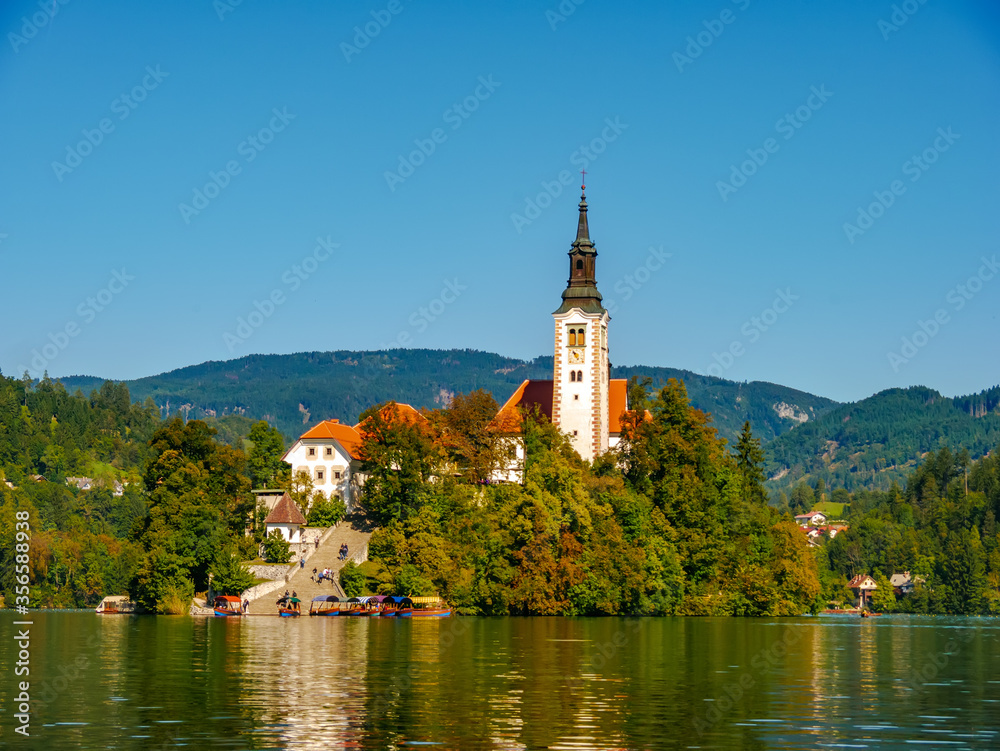 View on the Pilgrimage Church of the Assumption of Maria on the Lake Bled.