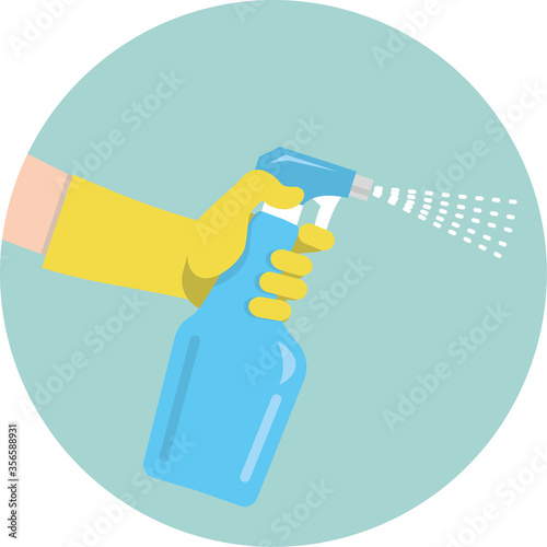 A gloved hand holds a bottle of detergent. Professional cleaning and disinfectant treatment for the prevention of coronavirus. Flat infographics. Vector illustration.
