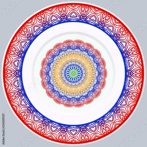 decorative plates for interior design. Empty dish, porcelain plate mock up design. Vector illustration. Decorative plates with Mandala ornament patterns. Home decor background