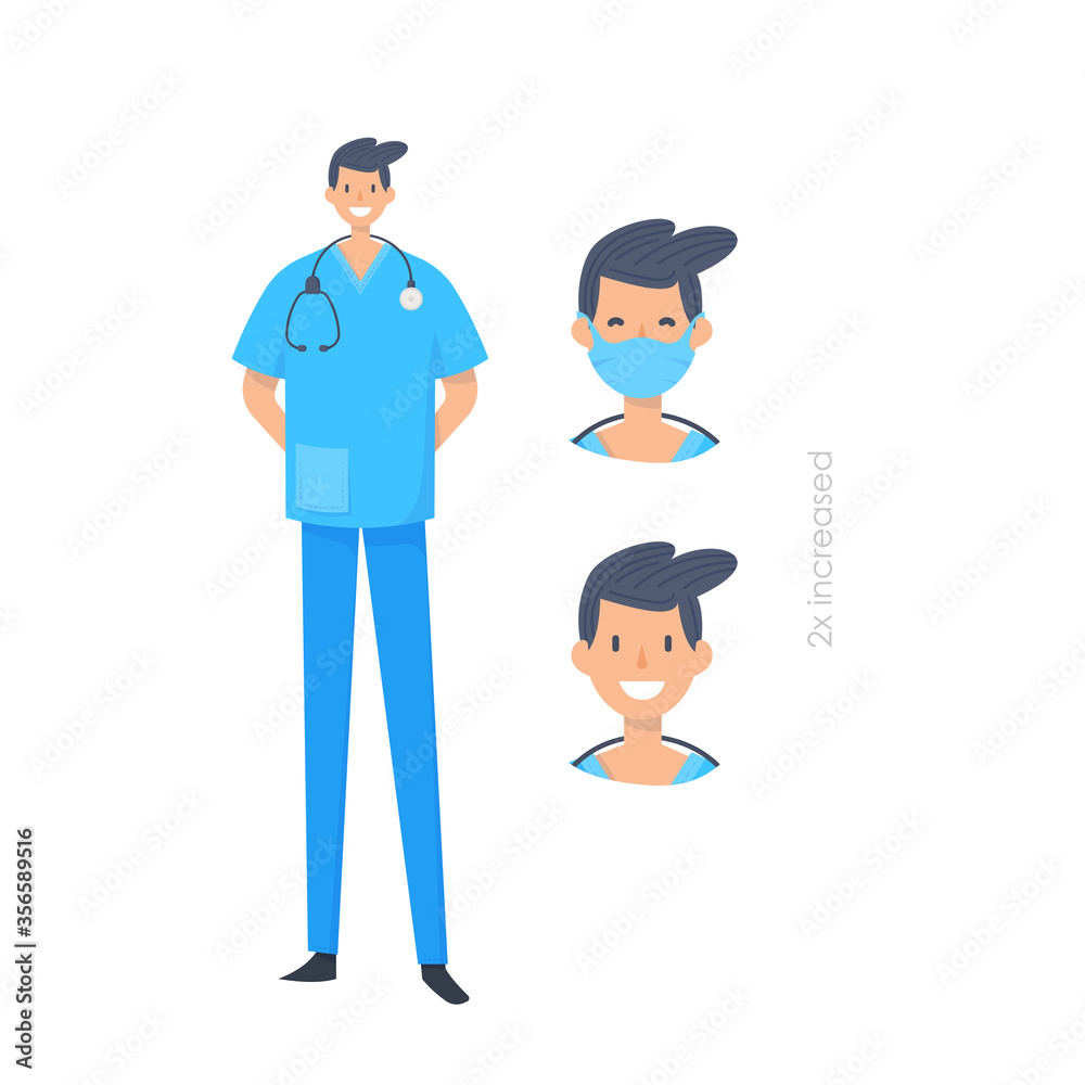 Doctors without mask and in mask. Medical workers on a white. Hospital staff. Vector illustration in a flat style. Trendy people.