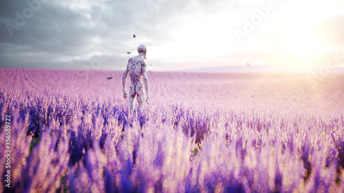 Alien with butterflies in lavender field. concept of UFO. 3d rendering.