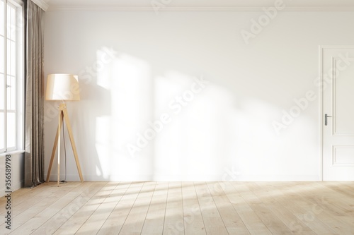 Blank white wall with a light from the window. Room mock up with a white wall, wooden floor lamp, white door and wooden floor. 3D illustration.