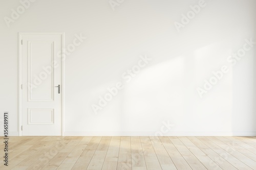 Empty wall mockup. Empty room with a white wall  white door and wooden floor. 3D illustration.
