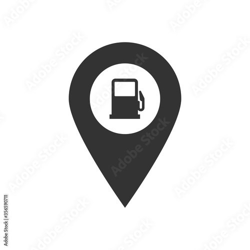 Map pointer pin vector simple black icon. Geotag location point with gas station symbol isolated on white background. Vector illustration for web, apps, infographics