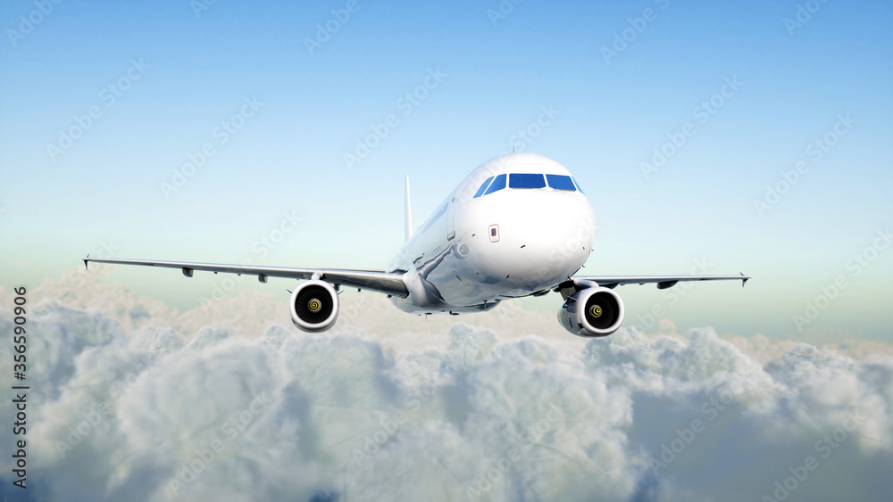 Passenger airbus flying in the clouds. Travel concept. 3d rendering.