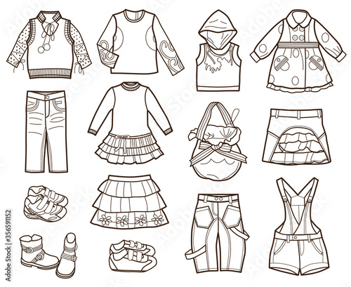 collection of children's clothes isolated on white background (coloring book)