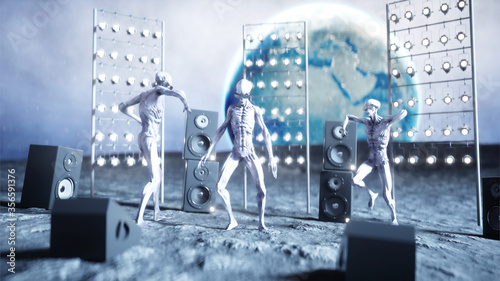 funny aliens dancing on the moon. UFO concept. Earth on background. Space party. 3d rendering.