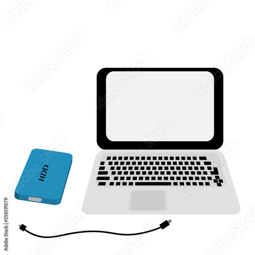 HDD. Hard disk. External storage and computer. Flat style