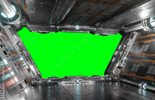 Fototapeta Naklejka Na Ścianę i Meble -  White and silver futuristic spaceship interior with green window 3d rendering