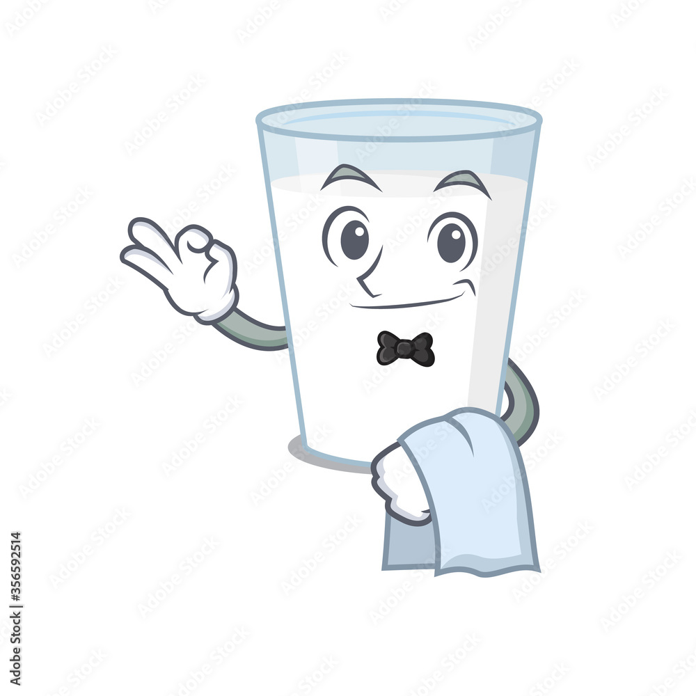 A cartoon picture of glass of milk waiter with a white napkin