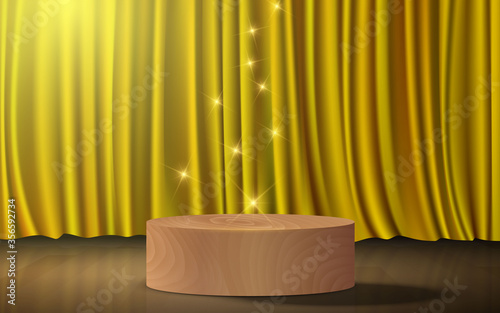 wooden podium on the wooden floor with gold curtain in the studio room