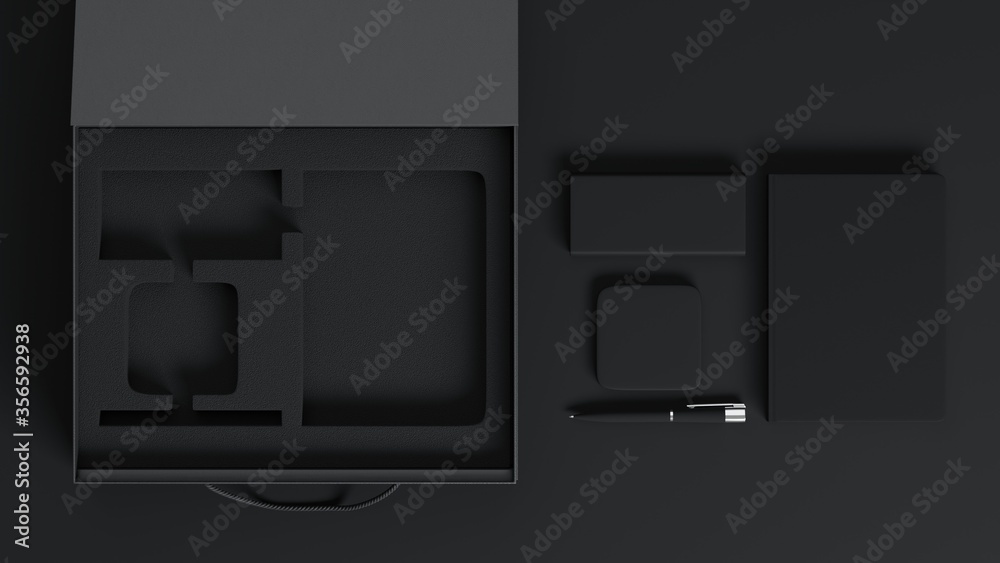 Business accessories and a box with a lodgment for them. 3d illustration Business accessories and a box with a lodgment for them. 3d illustration