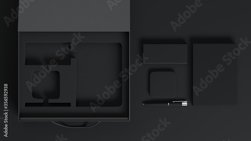 Business accessories and a box with a lodgment for them. 3d illustration photo