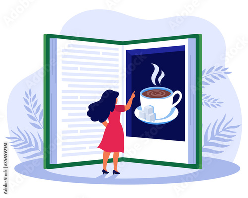 Woman reading book about coffee. Girl standing at huge book picture book flat vector illustration. Coffee culture concept for banner, website design or landing web page