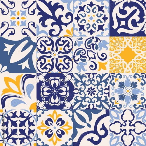 Set of 16 tiles Azulejos in blue, gray, yellow. Original traditional Portuguese and Spain decor. Seamless patchwork tile with Victorian motives. Ceramic tile in talavera style. Gaudi mosaic. Vector