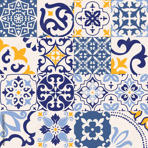 Set of 16 tiles Azulejos in blue, gray, yellow. Original traditional Portuguese and Spain decor. Seamless patchwork tile with Victorian motives. Ceramic tile in talavera style. Gaudi mosaic. Vector photo