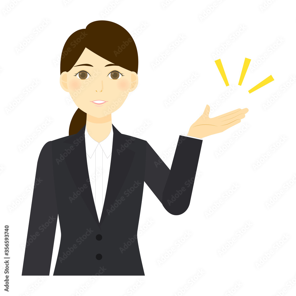 「どうぞこちらへ」のポーズで案内するスーツの女性 (強調)