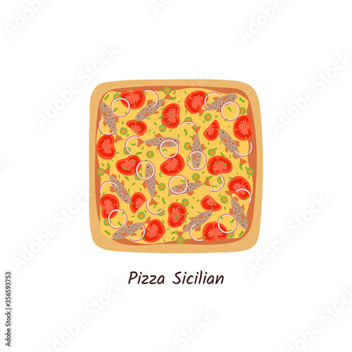 Pizza Sicilian top view with ingredients. Italian tasty pizza with anchovies, tomatoes, onion, olives and cheese. Flat style isolated on white background. Vector