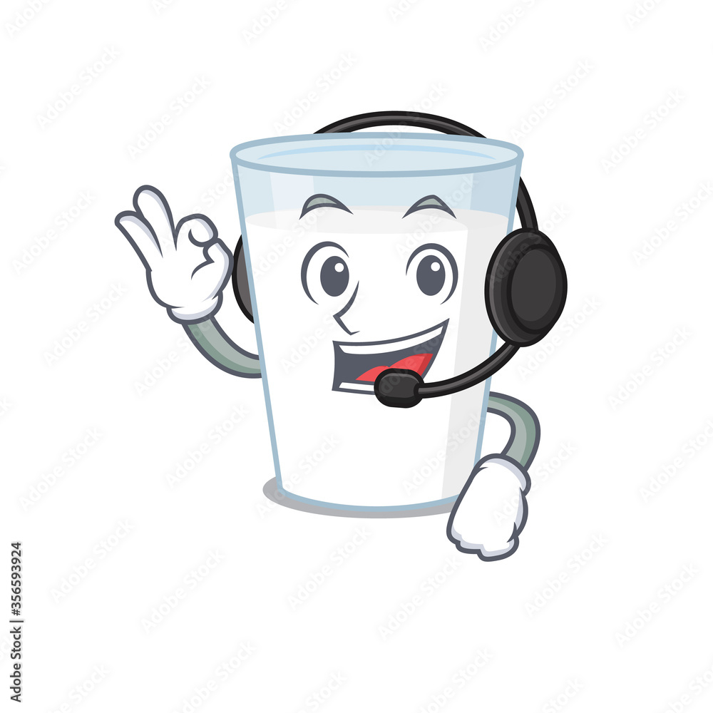 A stunning glass of milk mascot character concept wearing headphone